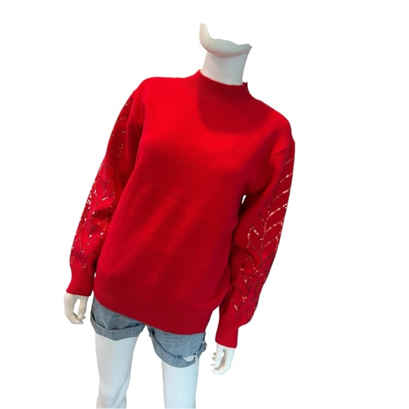 VINE & LOVE beautiful red sequin sleeve holiday sweater S M L - Picture 6 of 8